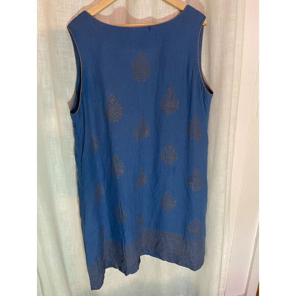 Soft Surroundings Linen Tunic Dress 2X Blue Gold Beaded Sleeveless Boho GUC - Picture 2 of 7